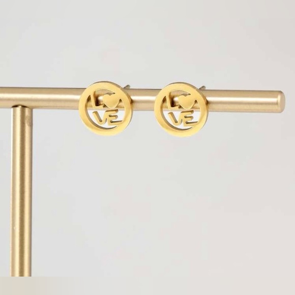 “LOVE” Letters Heart Gold Stainless Steel Cut-Out Circle Romance Mini Tiny Studs - Picture 5 of 8